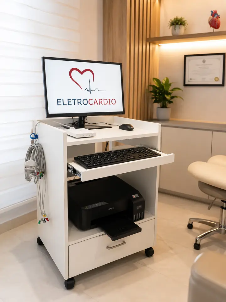 Estação de ECG da EletroCardio com computador, eletrocardiógrafo e impressora em consultório cardiológico
